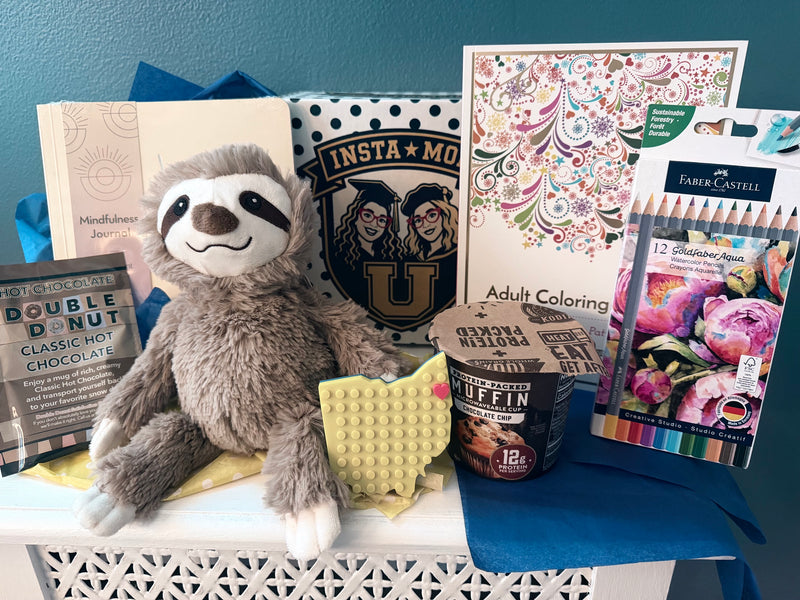 Homesick Helper care package with a mindfulness journal, sloth Warmies plush, hot chocolate, protein muffin, adult coloring book, watercolor pencils, and an InstaMom University gift box.