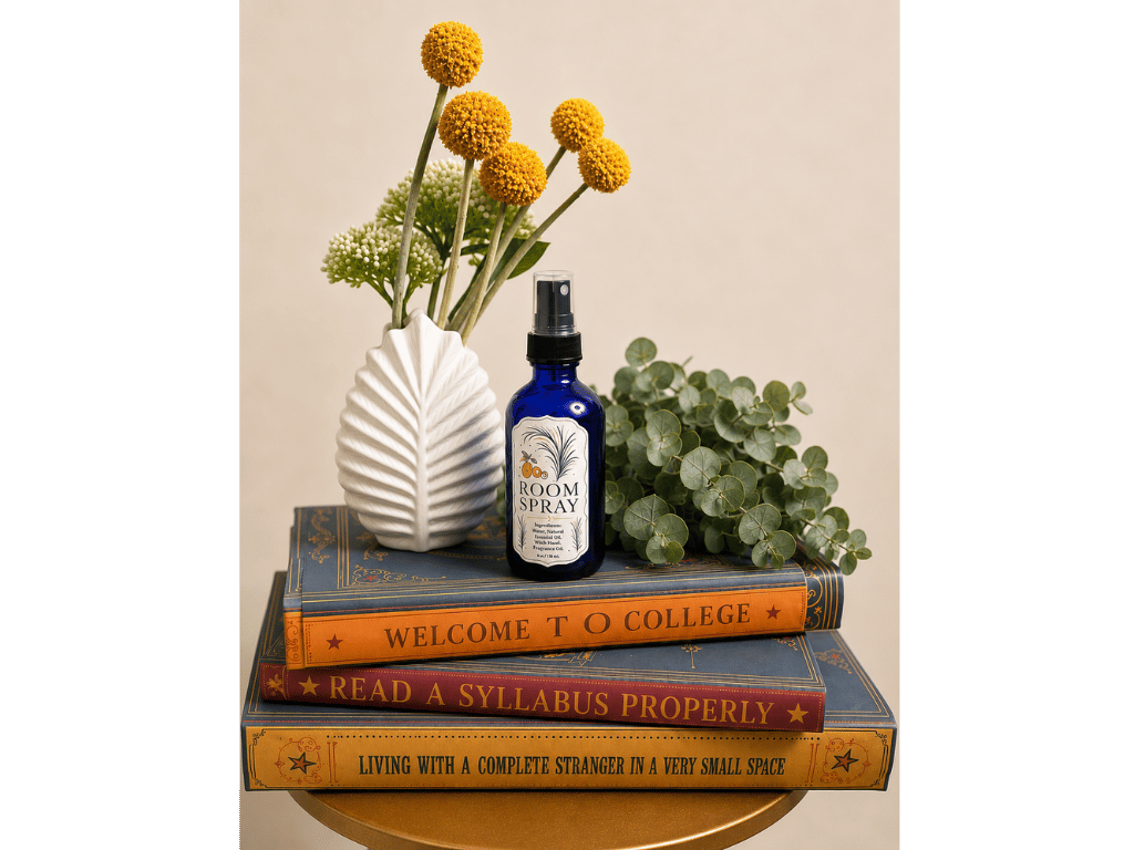 A cobalt glass bottle of InstaMom room spray on a stack of books titled 'Welcome to College' and 'Read a Syllabus Properly', beside a white vase of yellow craspedia.