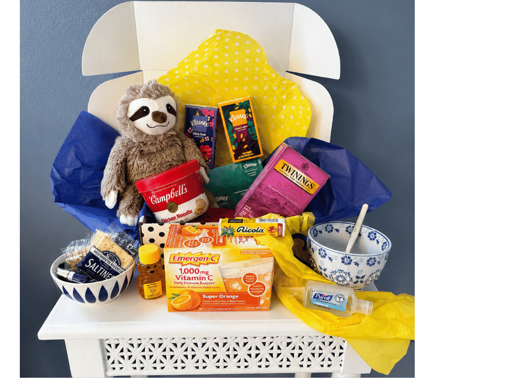 The Warm Hug from Home box contents: a sloth Warmie plush, Kleenex, Campbell's chicken noodle soup, saltines, Twinings tea, Ricola drops, Emergen-C, a honey bear and hand sanitiser.