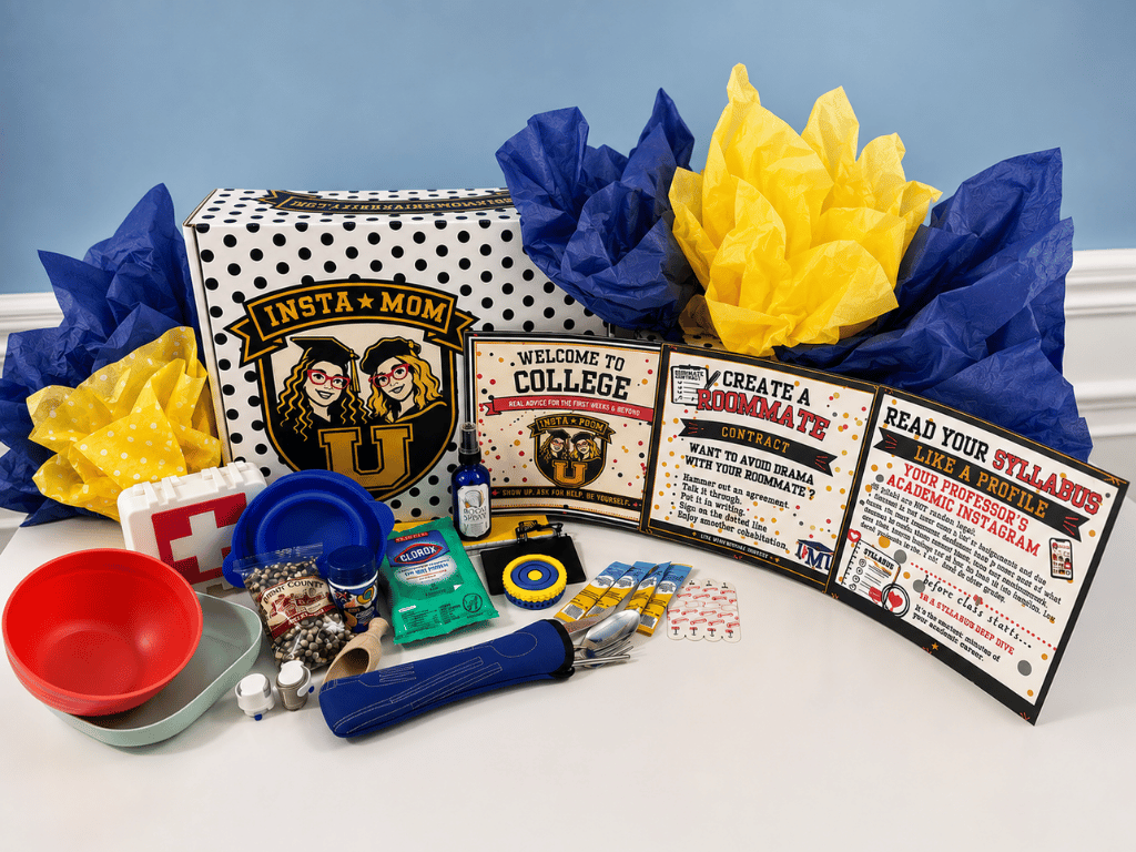 The Welcome Week Starter box and its contents: mini first aid kit, bowls and utensils, cleaning and laundry supplies, snacks, and InstaMom coaching cards on reading a syllabus and creating a roommate contract.