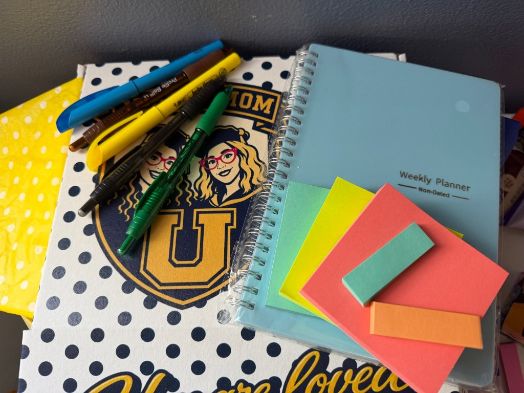 Regroup, Recover, Restart — weekly planner, pens, highlighters, and sticky notes